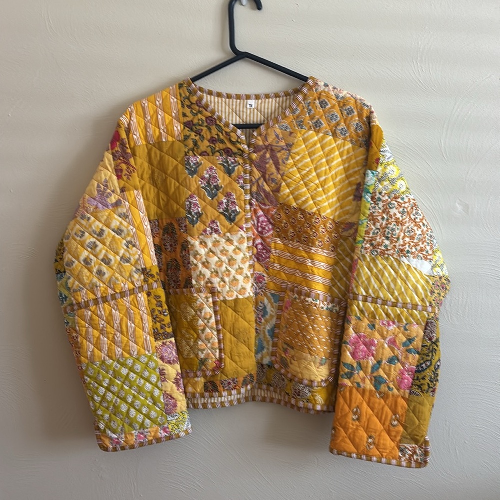 Patchwork Quilted Jacket in Yellow and Pink